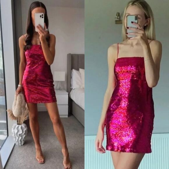 NWT Zara Womens Striped Sequin Dress Pink Red Mini Blogger Fave Cocktail Size S - Picture 1 of 16